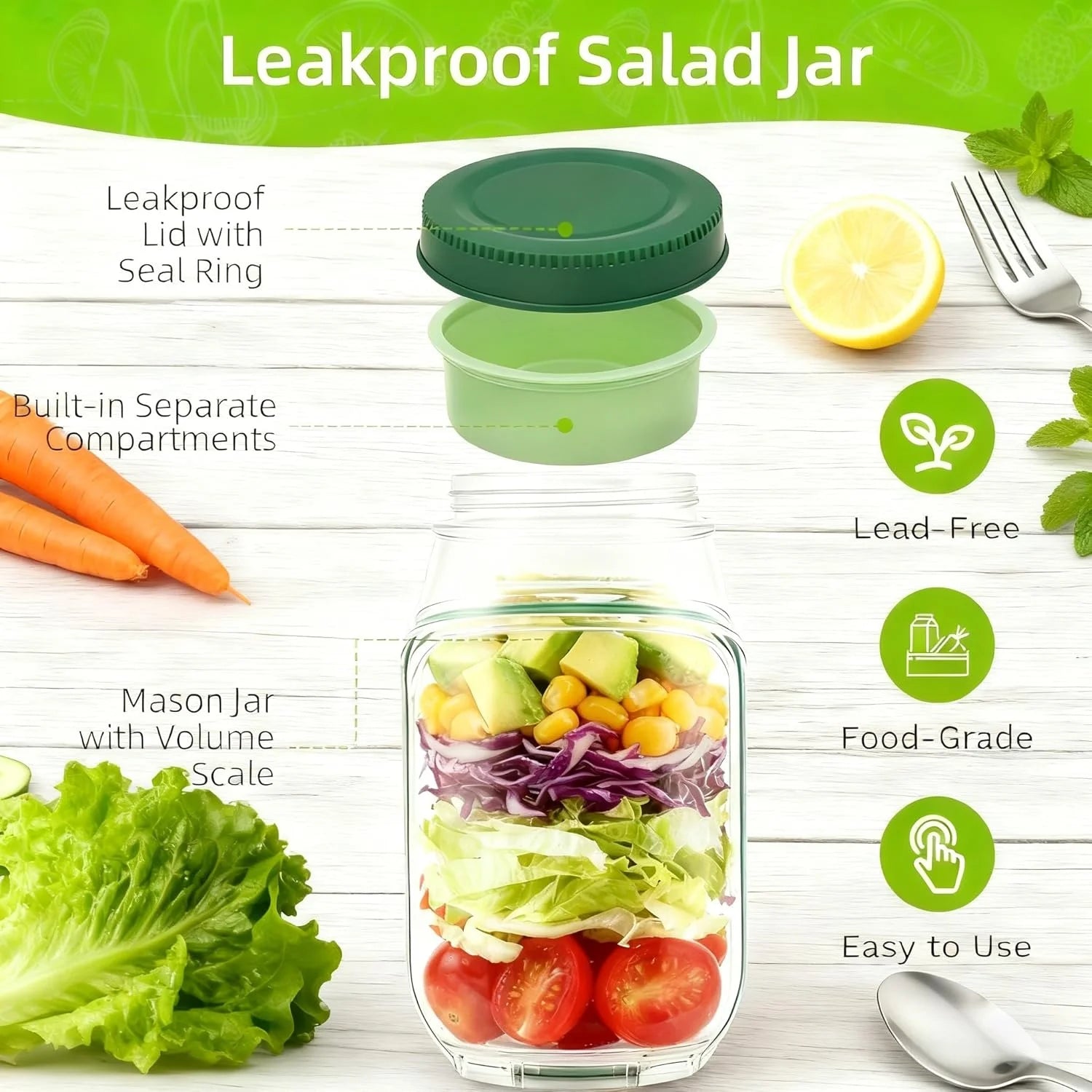 Leakproof Salad Jar with Dressing Compartment | Portable Lunch Container