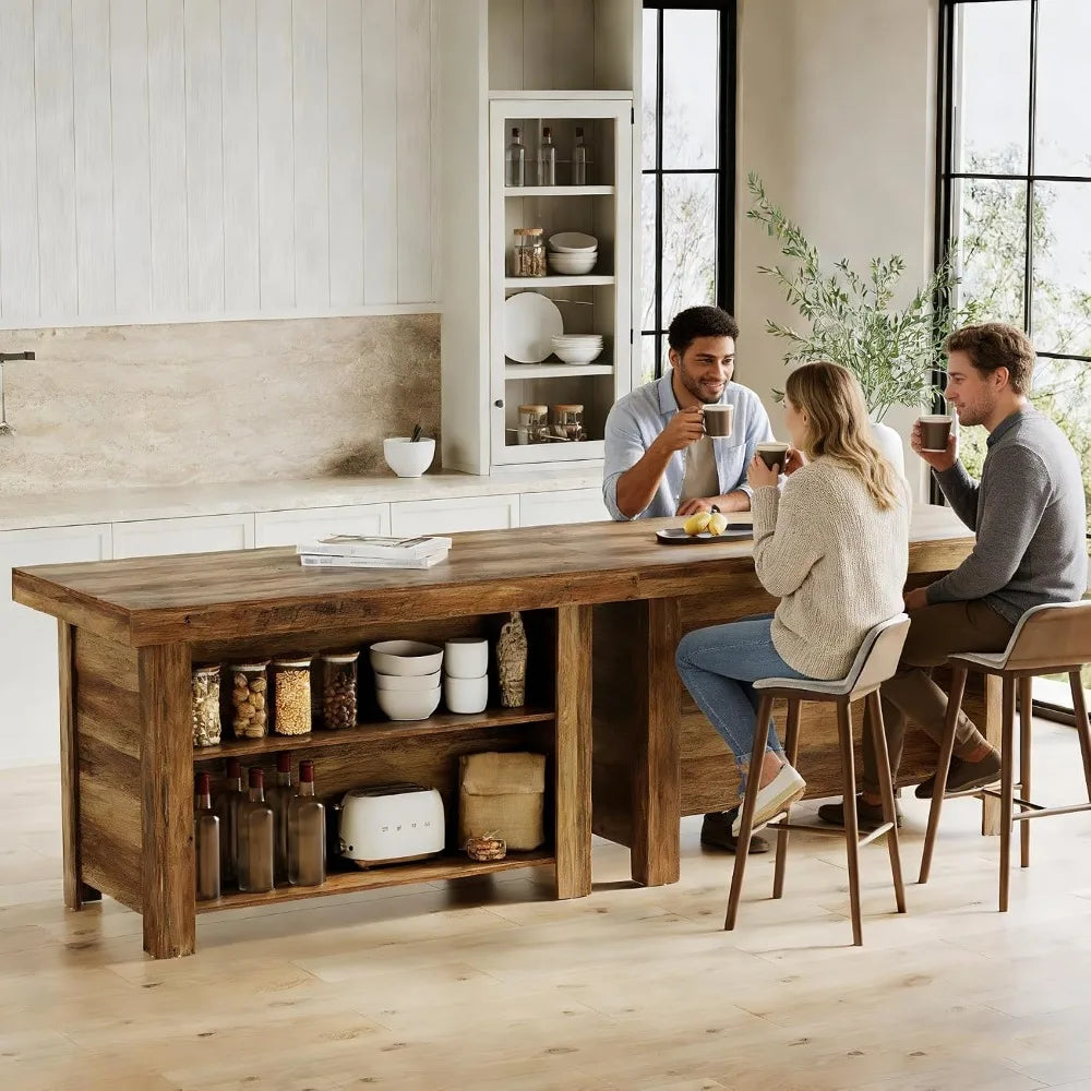55" Kitchen Island with Storage, 3-Tier Farmhouse Stationary Table, Large Worktop, Rustic Brown
