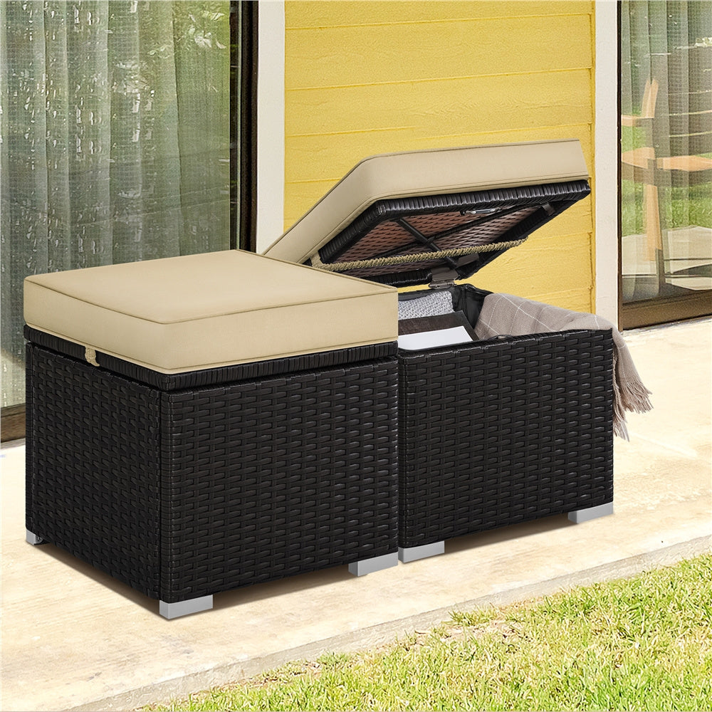 Rattan Storage Ottoman Set (2 pcs) – Outdoor Wicker Footstools with Cushions