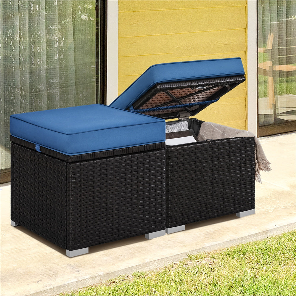 Rattan Storage Ottoman Set (2 pcs) – Outdoor Wicker Footstools with Cushions