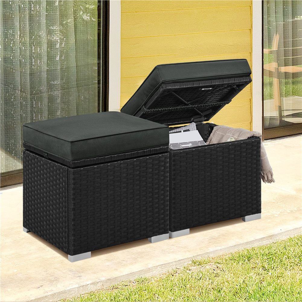Rattan Storage Ottoman Set (2 pcs) – Outdoor Wicker Footstools with Cushions