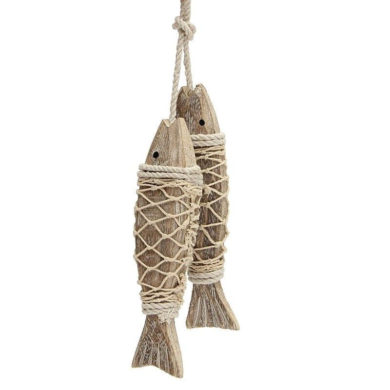 Mediterranean Hanging Wooden Fish Decorated  Style Rustic Coastal Hand Carved Wood Fish Ornaments Wall Sculptures For Home Hanging Decor Style Vintage Home Decoration