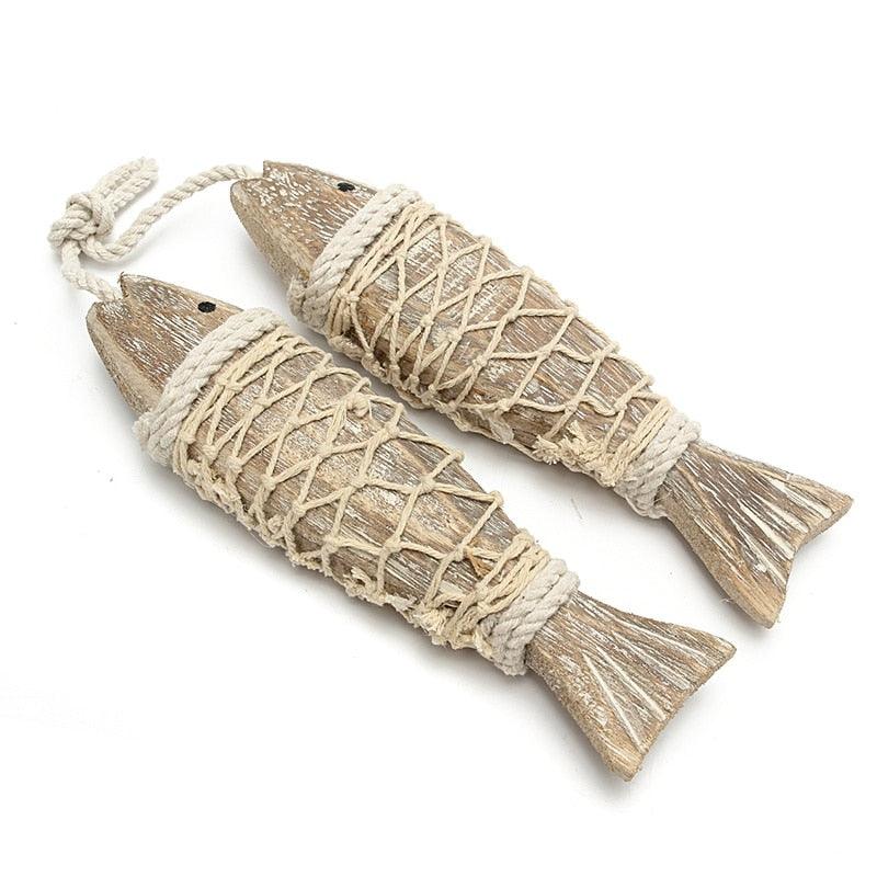 Mediterranean Hanging Wooden Fish Decorated  Style Rustic Coastal Hand Carved Wood Fish Ornaments Wall Sculptures For Home Hanging Decor Style Vintage Home Decoration
